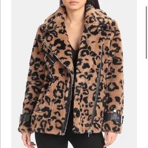 Avec Les Filles Leopard-Print Faux-Fur Moto Jacket